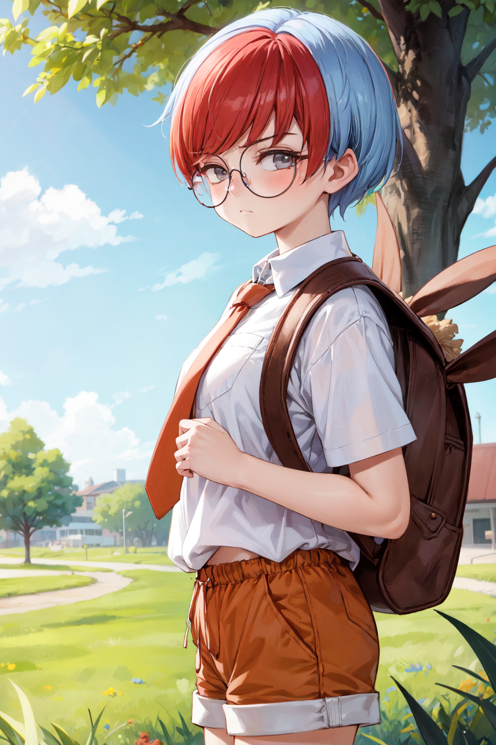 01190-2366134213-masterpiece,best quality,1girl,tomboy,Penny,short hair,blue hair,red bangs,gray eyes,glasses,round eyewear,white shirt,orange ne.png